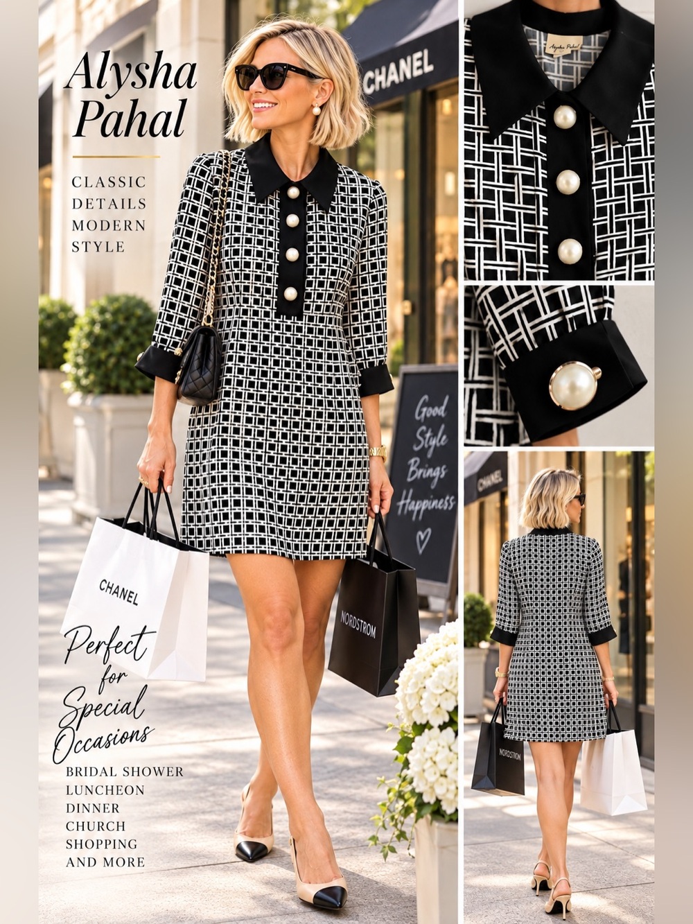 Black & White Pearl-Button Shift Dress